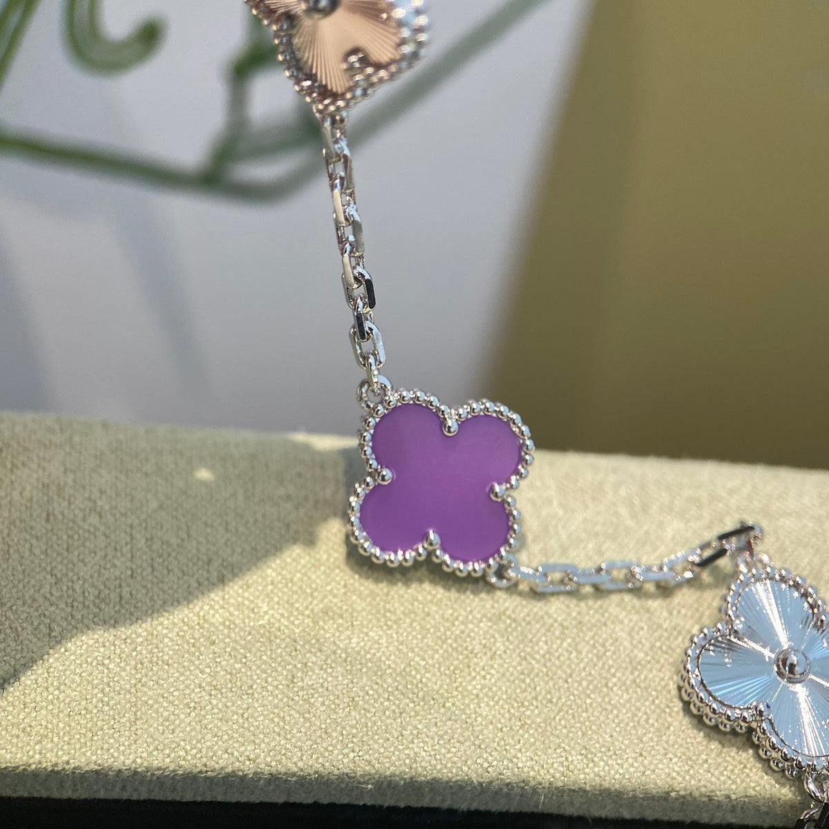 [Super CiCi ]CLOVER  5 MOTIFS  PURPLE VIOLET BRACELET SILVER