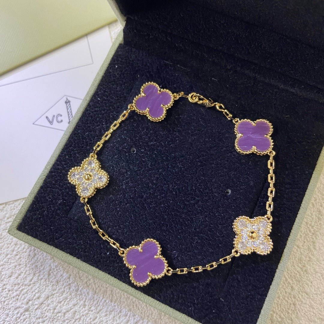 [Super CiCi ]CLOVER  5 MOTIFS  PURPLE VIOLET DIAMOND BRACELET