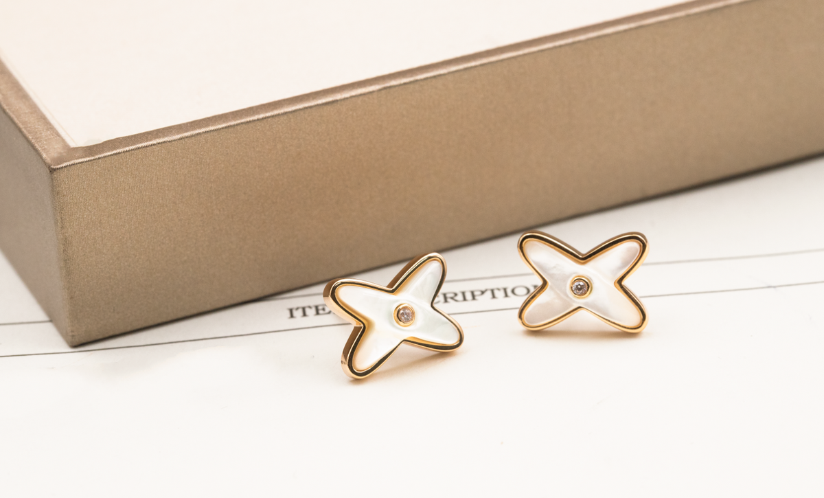 [Super CiCi ]JEUX DE WHITE MOP PINK GOLD DIAMOND EARRINGS