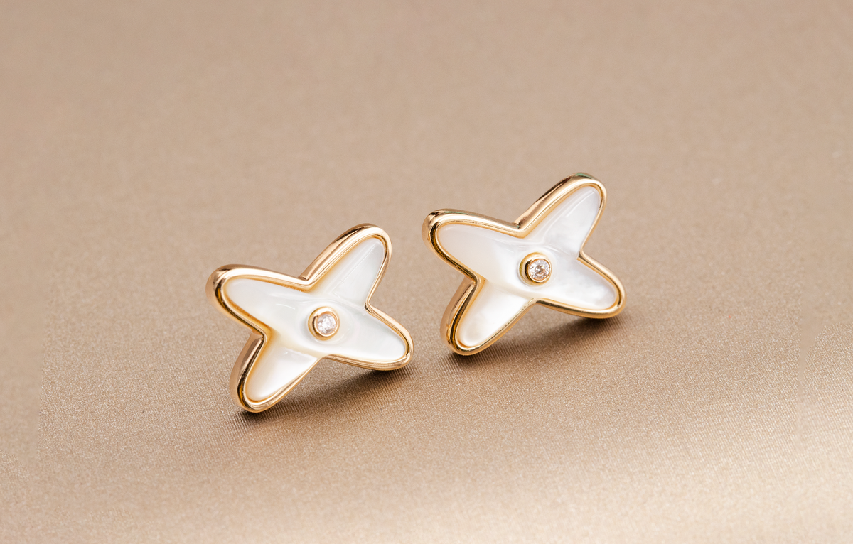[Super CiCi ]JEUX DE WHITE MOP ROSE GOLD DIAMOND EARRINGS