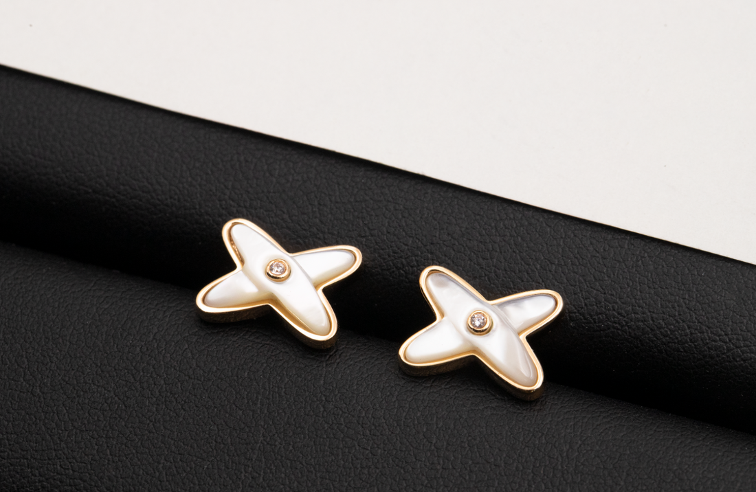[Super CiCi ]JEUX DE WHITE MOP PINK GOLD DIAMOND EARRINGS